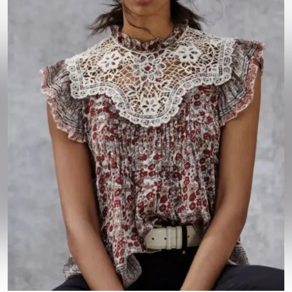 Anthropologie OTHILIA Malia Lace Blouse Red Floral Motif XL